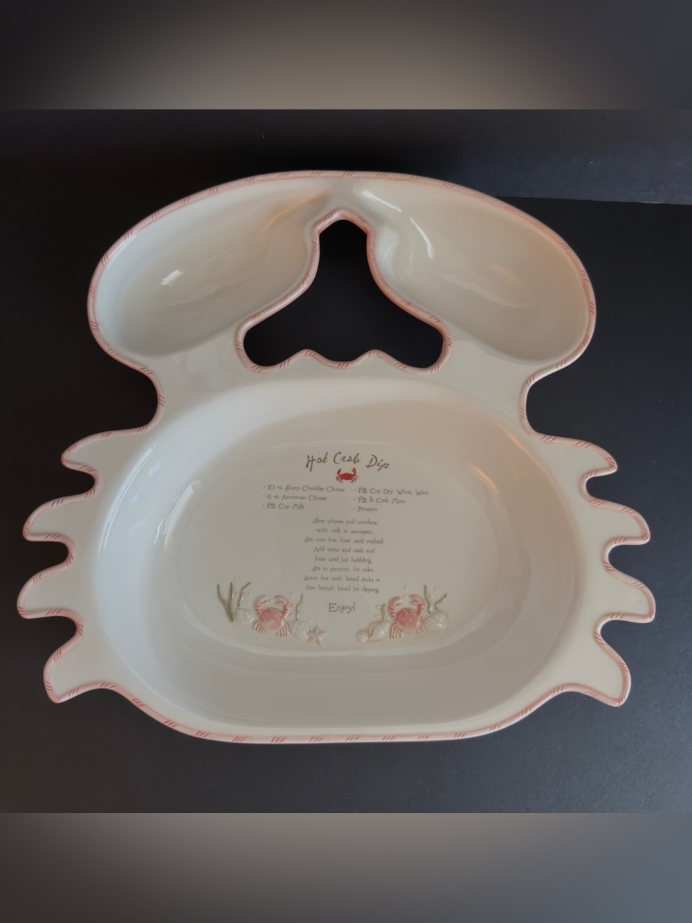 Beautiful New Heavy Pink/White Crab Shaped Crab Dip Platter